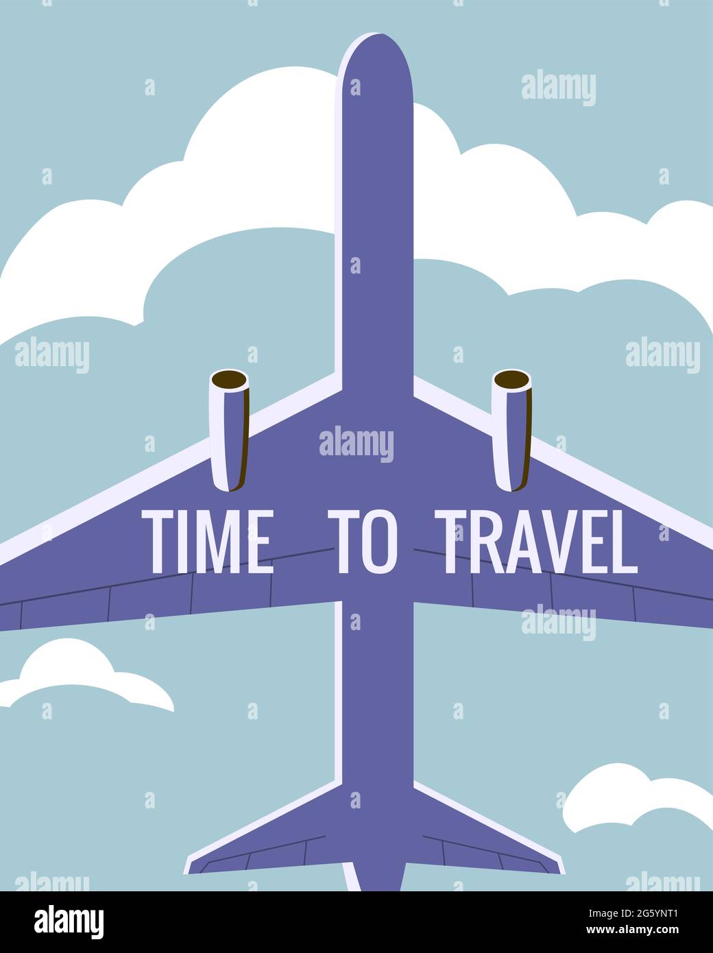 Tempo di viaggiare in aereo nel cielo. Poster delle feste estive d'epoca, banner. Immagine vettoriale stile piatto retro Illustrazione Vettoriale