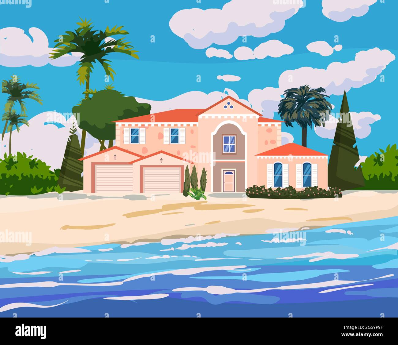 Villa sulla costa tropicale esotica dell'isola. Cottage di lusso moderno, oceano, spiaggia, palme e piante, mare paesaggio estivo. Illustrazione vettoriale Illustrazione Vettoriale