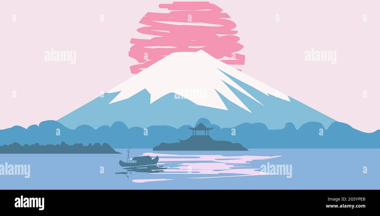 Fuji montagna alba paesaggio Giappone panorama. Lago barca sole asiatico tempio vettore illustrazione banner poster isolato Illustrazione Vettoriale