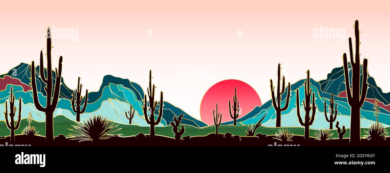 Paesaggio con vari cactus sullo sfondo di montagne e il sole nascente. Montagne striate d'oro. Сacti con profilo dorato. Illustrazione Vettoriale