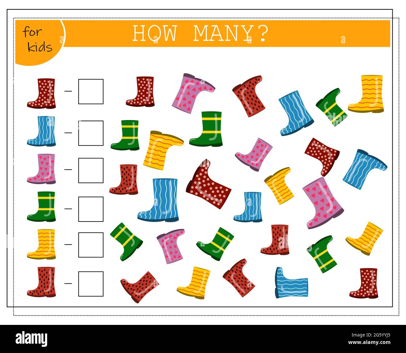 Gioco di matematica per bambini. Contare quanti stivali di gomma ci sono.  Vettore isolato su sfondo bianco Immagine e Vettoriale - Alamy
