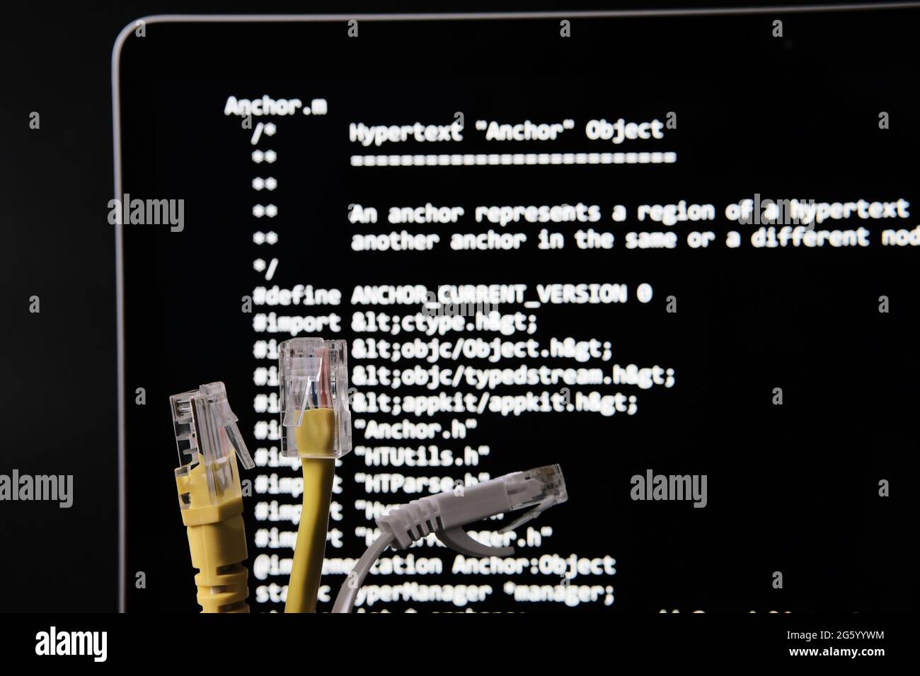 Cavo Internet e codice sorgente World Wide Web che è stato venduto come NFT da Tim Berners Lee visto sullo schermo sfocato di sfondo. Concetto. Stafford, Regno Unito, J. Foto Stock