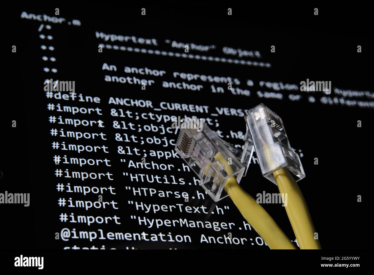 Cavo Internet e codice sorgente World Wide Web che è stato venduto come NFT da Tim Berners Lee visto sullo schermo sfocato di sfondo. Concetto. Stafford, Regno Unito, J. Foto Stock