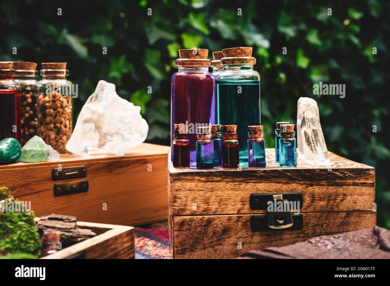 Immagine di flaconi con tappo in vetro di varie misure contenenti liquido colorato ed erbe. Foto Stock