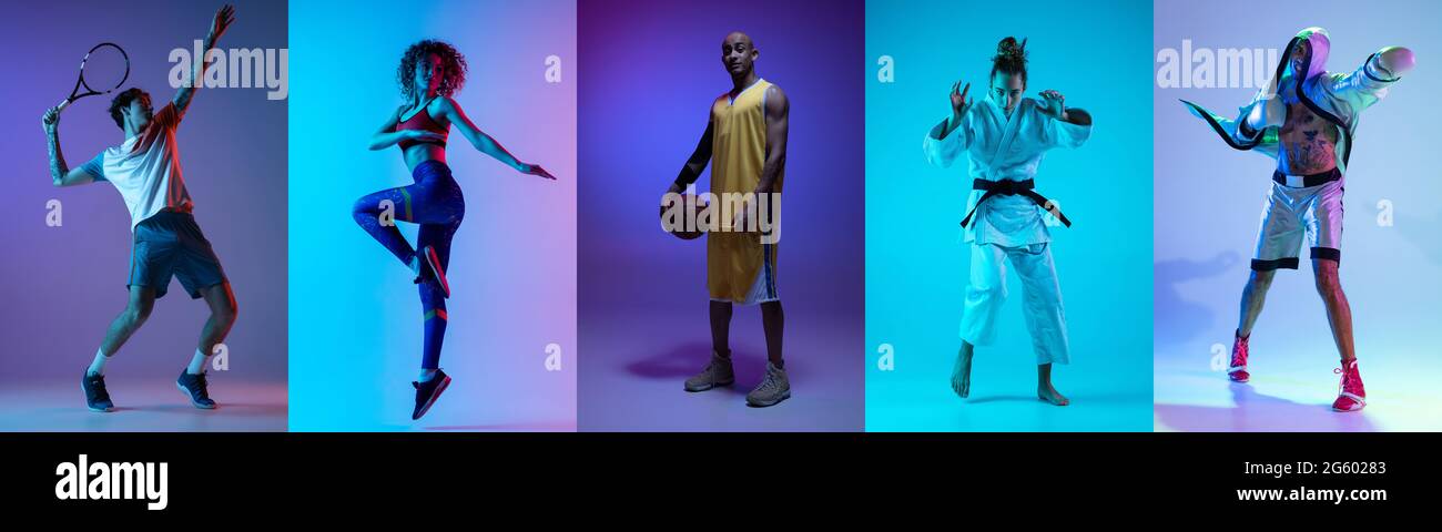 Collage di diversi sportivi professionisti, adatta le persone in azione su sfondo neon a colori. Volantino. Foto Stock