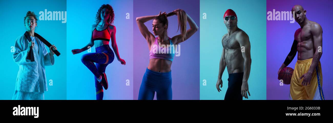 Collage di diversi sportivi professionisti, adatta le persone in azione su sfondo neon a colori. Volantino. Foto Stock