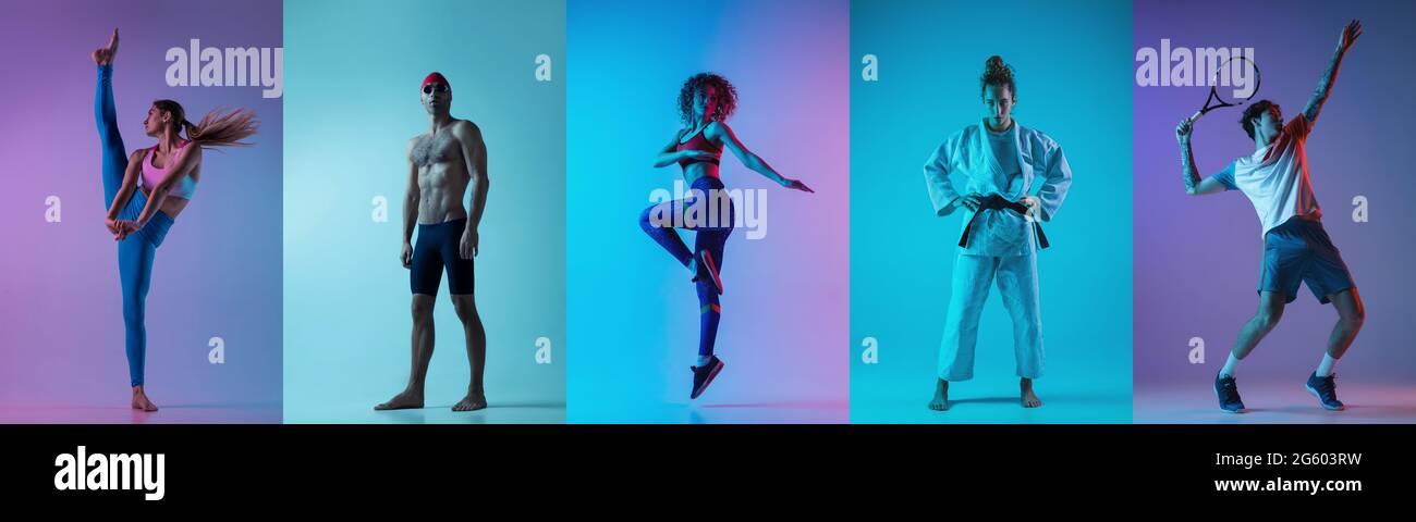 Collage di diversi sportivi professionisti, adatta le persone in azione su sfondo neon a colori. Volantino. Foto Stock