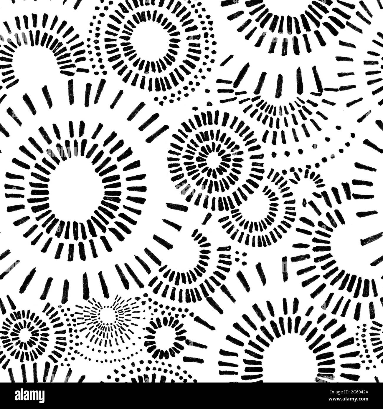 pattern monocromatico di cerchi di tratti e punti, senza giunture e ripetibili Foto Stock