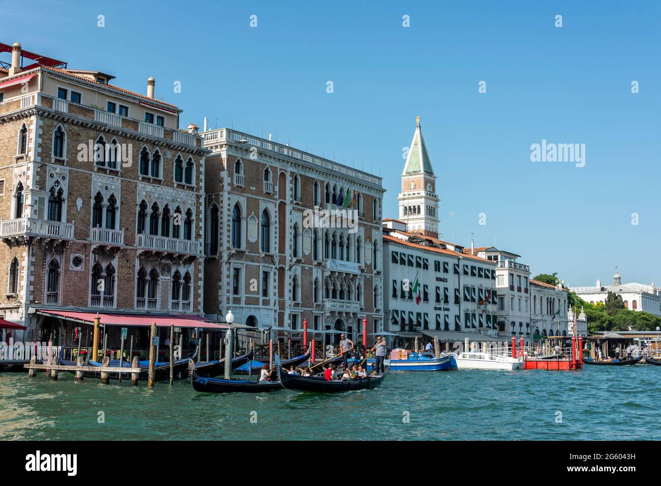 Una flotta di gondole sul Canal Grande sullo sfondo di secolari edifici veneziani e l'alto campanile, il Campanile di Foto Stock