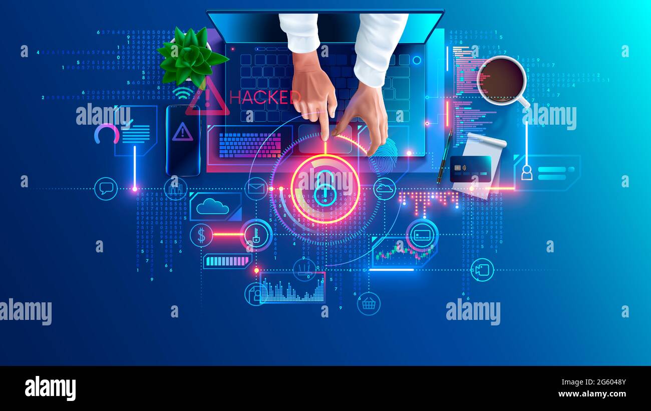 Computer portatile hacked da un hacker. Hacker hacking computer, ha rotto la password e ha attaccato il sistema di sicurezza di Internet. Frode di phishing. Cyber criminale ha accesso a. Illustrazione Vettoriale