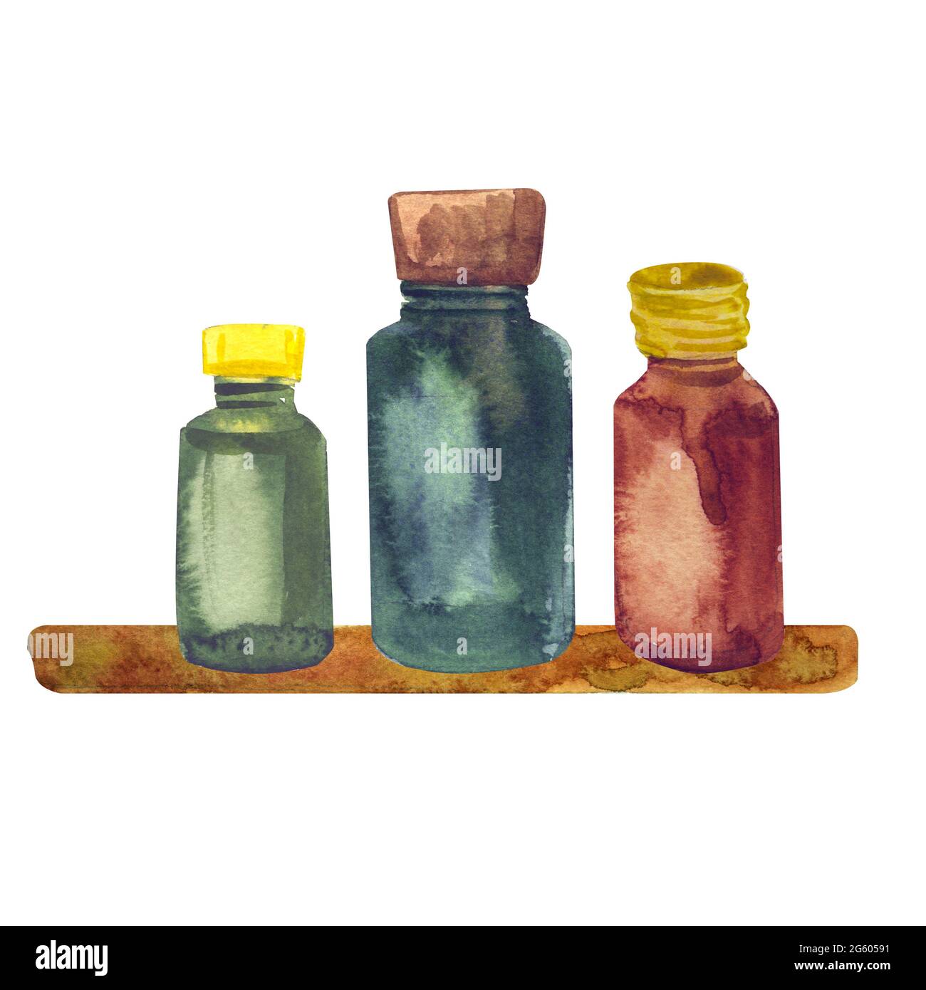 Pillole bottiglia di acquerello illustrazioni isolato su bianco Foto Stock