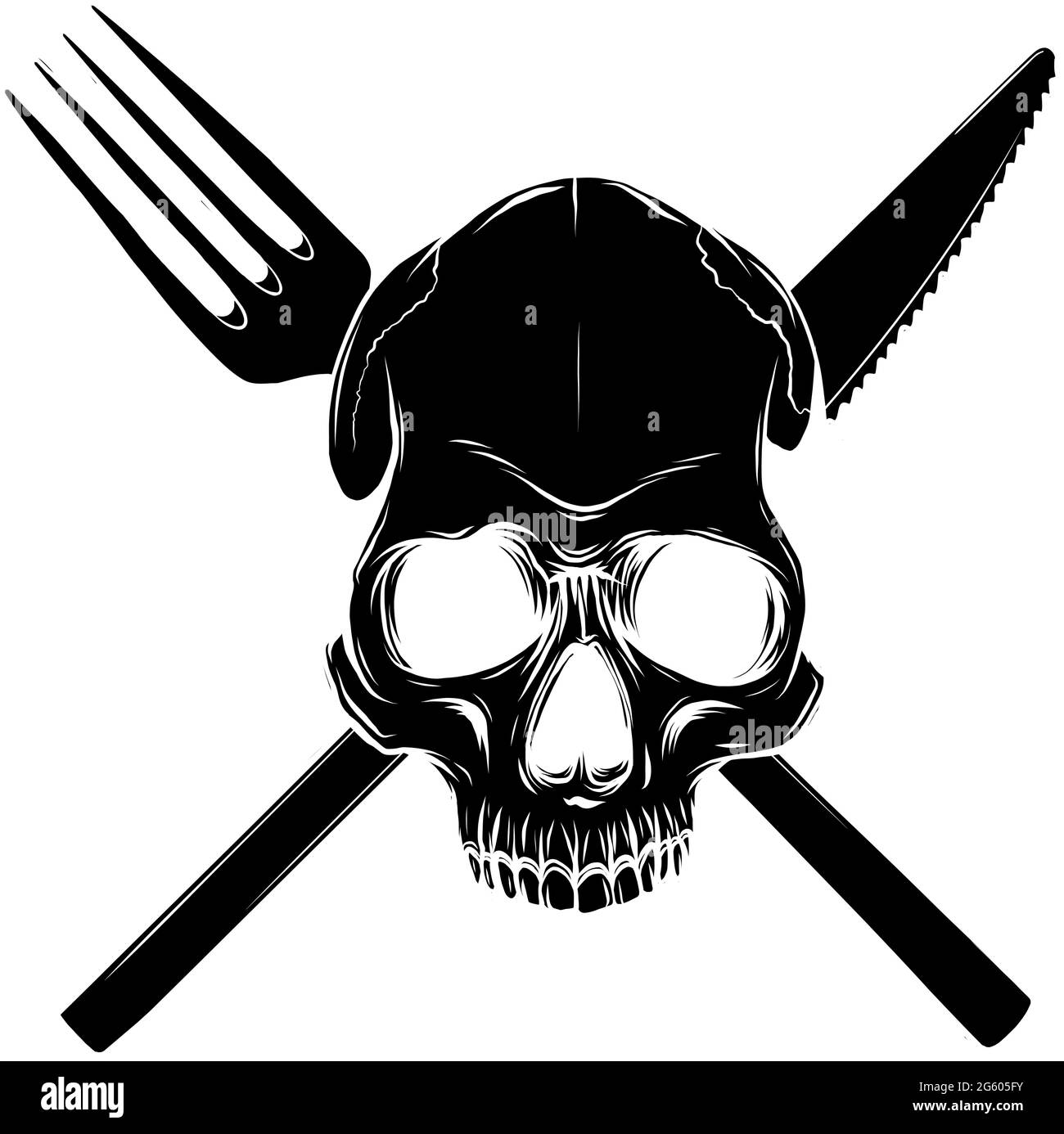 Cranio dalla silhouette nera con posate. Illustrazione per la progettazione Illustrazione Vettoriale