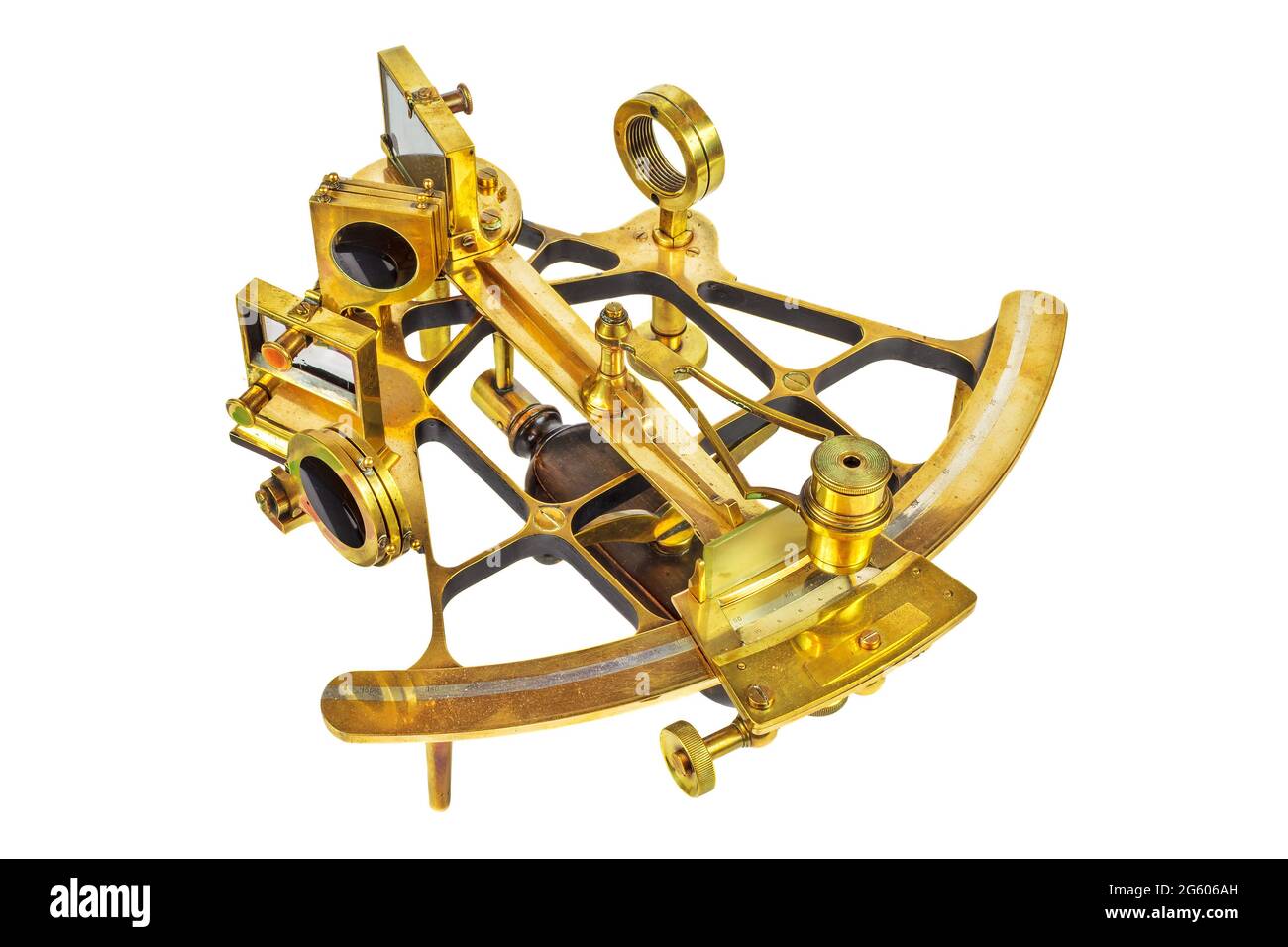 Antico astrolabio nautico con lenti isolate su sfondo bianco Foto Stock