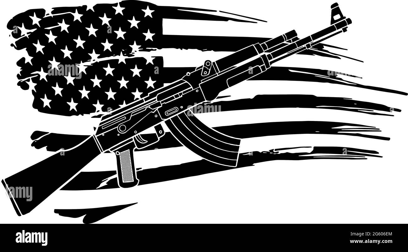 Immagine della bandiera USA con un fucile AK 47 Illustrazione Vettoriale