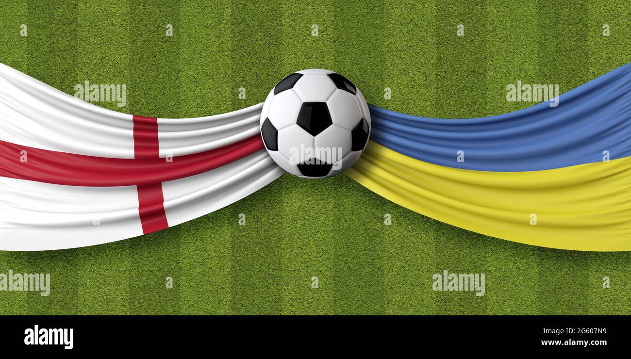 Inghilterra vs. Partita di calcio Ucraina. Bandiere nazionali con calcio. Rendering 3D Foto Stock