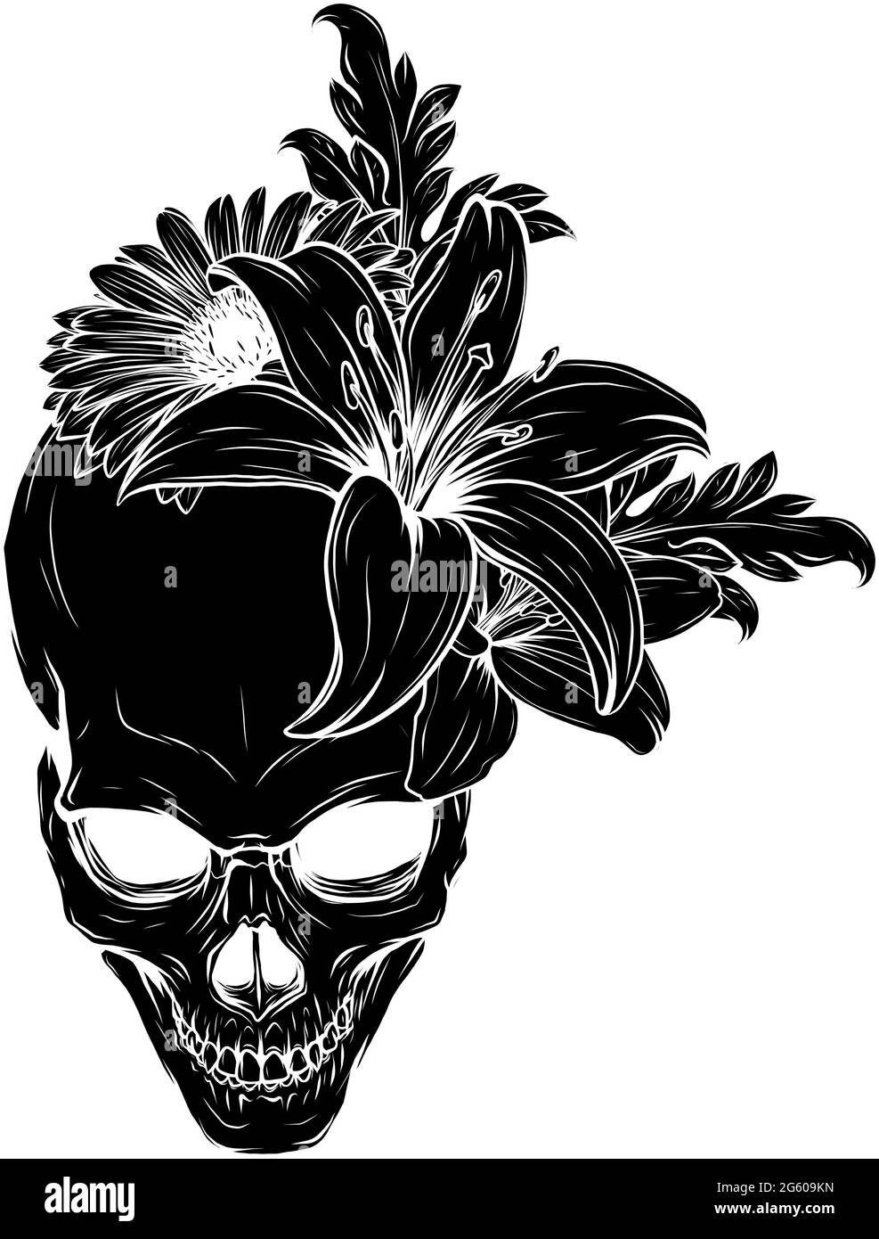Disegno dell'illustrazione vettoriale del cranio umano e dei fiori Illustrazione Vettoriale