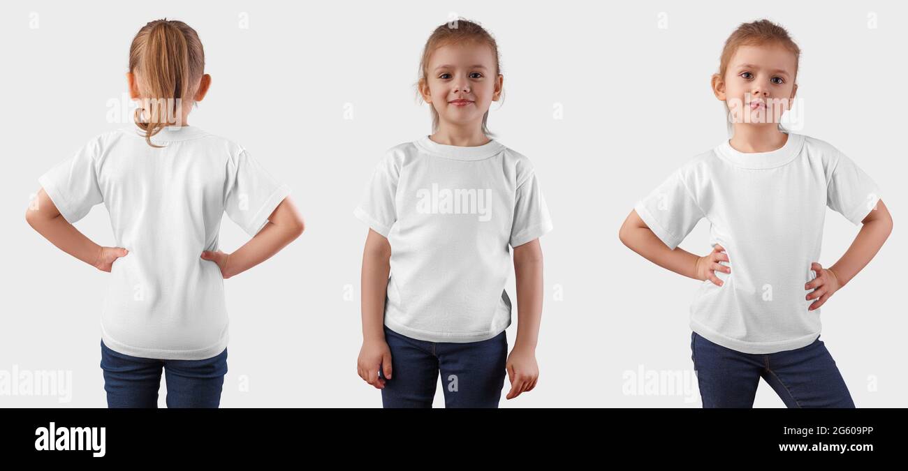 Mockup di una t-shirt bianca per bambini su una bella ragazza, vestiti  vuoti per il bambino per la presentazione di design e modello. Modello  kidswear per Foto stock - Alamy