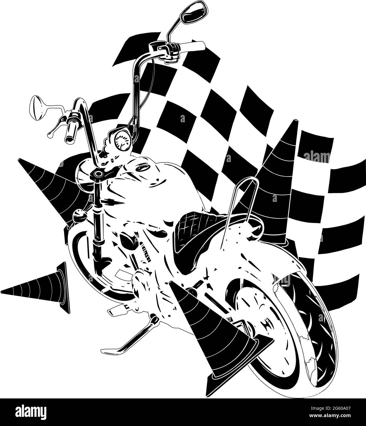 Vecchia bici da bob nera d'epoca con bandiera da corsa Illustrazione Vettoriale