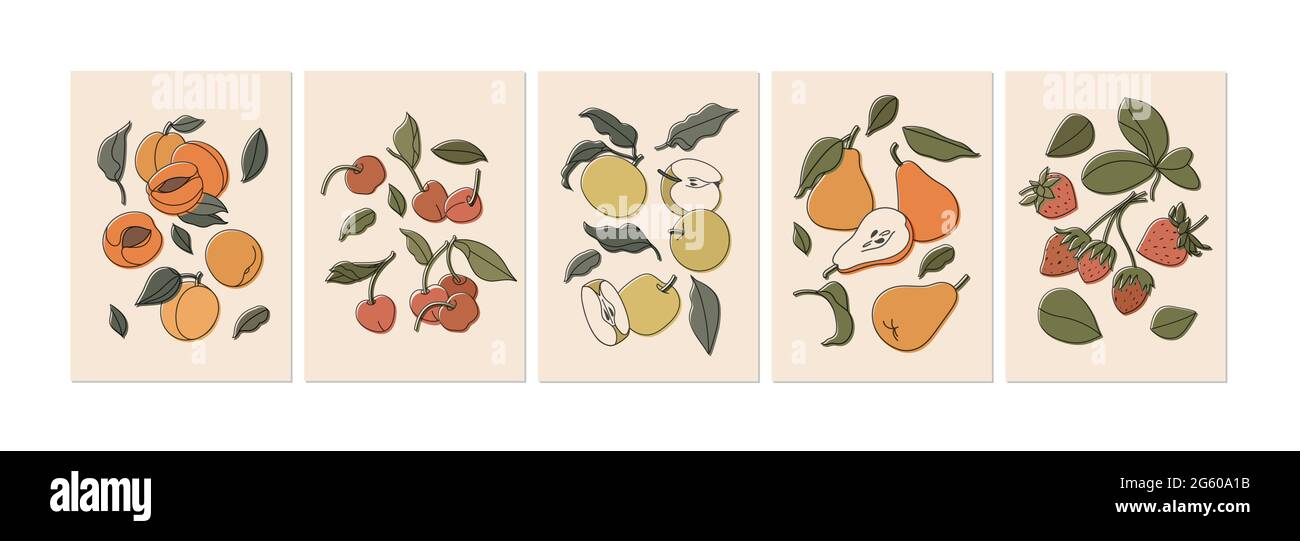 Illustrazione vettoriale insieme di frutti colorati isolati su beige. Albicocche o pesche d'epoca, fragole, pere, mele e ciliegie. Colle Illustrazione Vettoriale