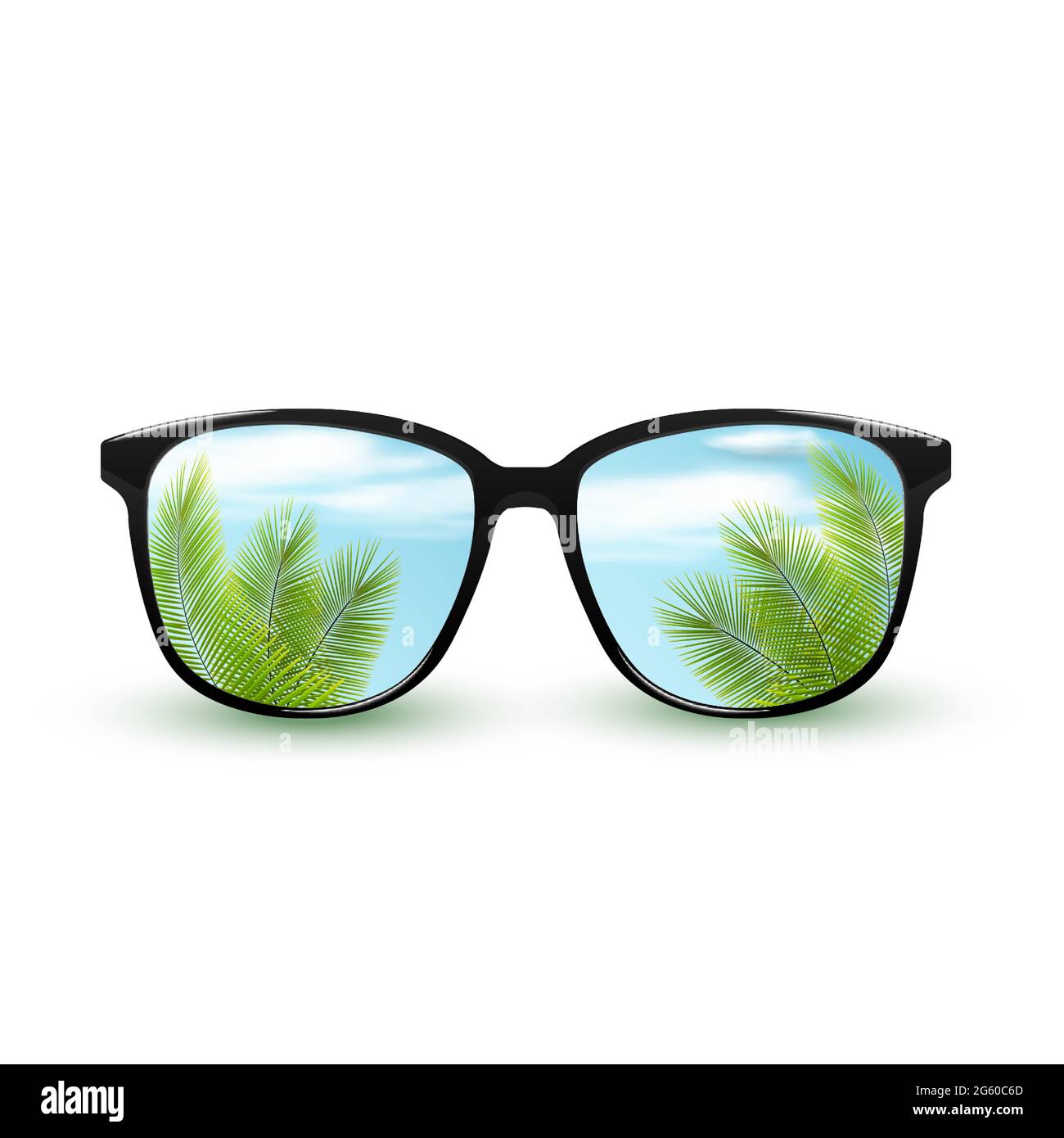 Occhiali da sole neri con riflesso del cielo tropicale della natura con le nuvole. Isolato su sfondo bianco. Illustrazione Vettoriale