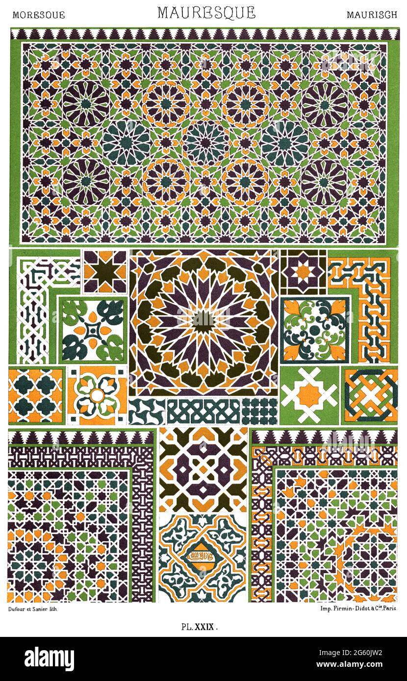 Arte moresca – mosaici - piastrelle di terracotta smaltate - dall'Alhambra di Granada e dall'Alcazar di Siviglia - dall'Ornament 1880. Foto Stock