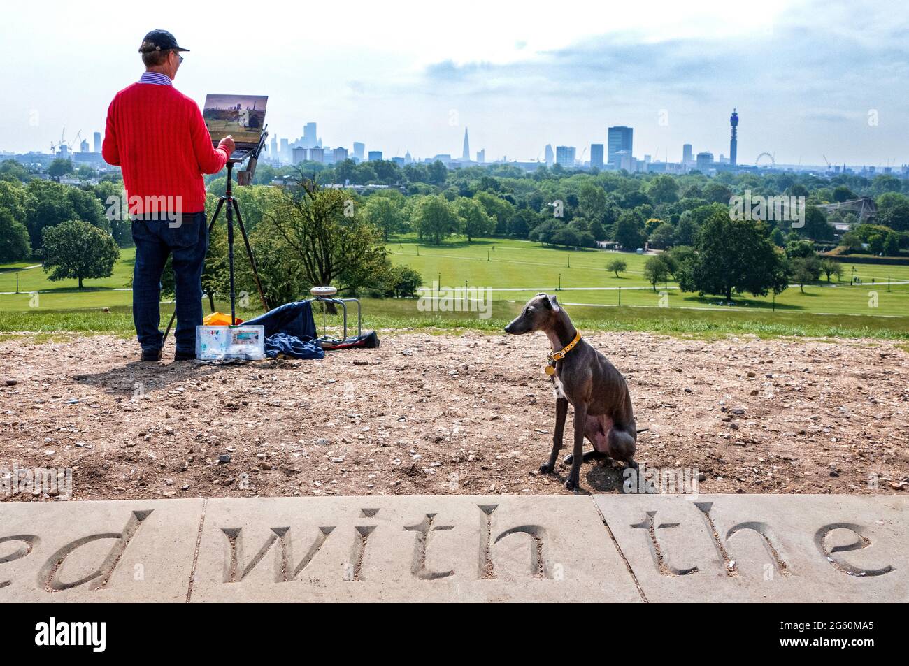 Artista che dipinge la vista da Primrose Hill Camden London UK Foto Stock