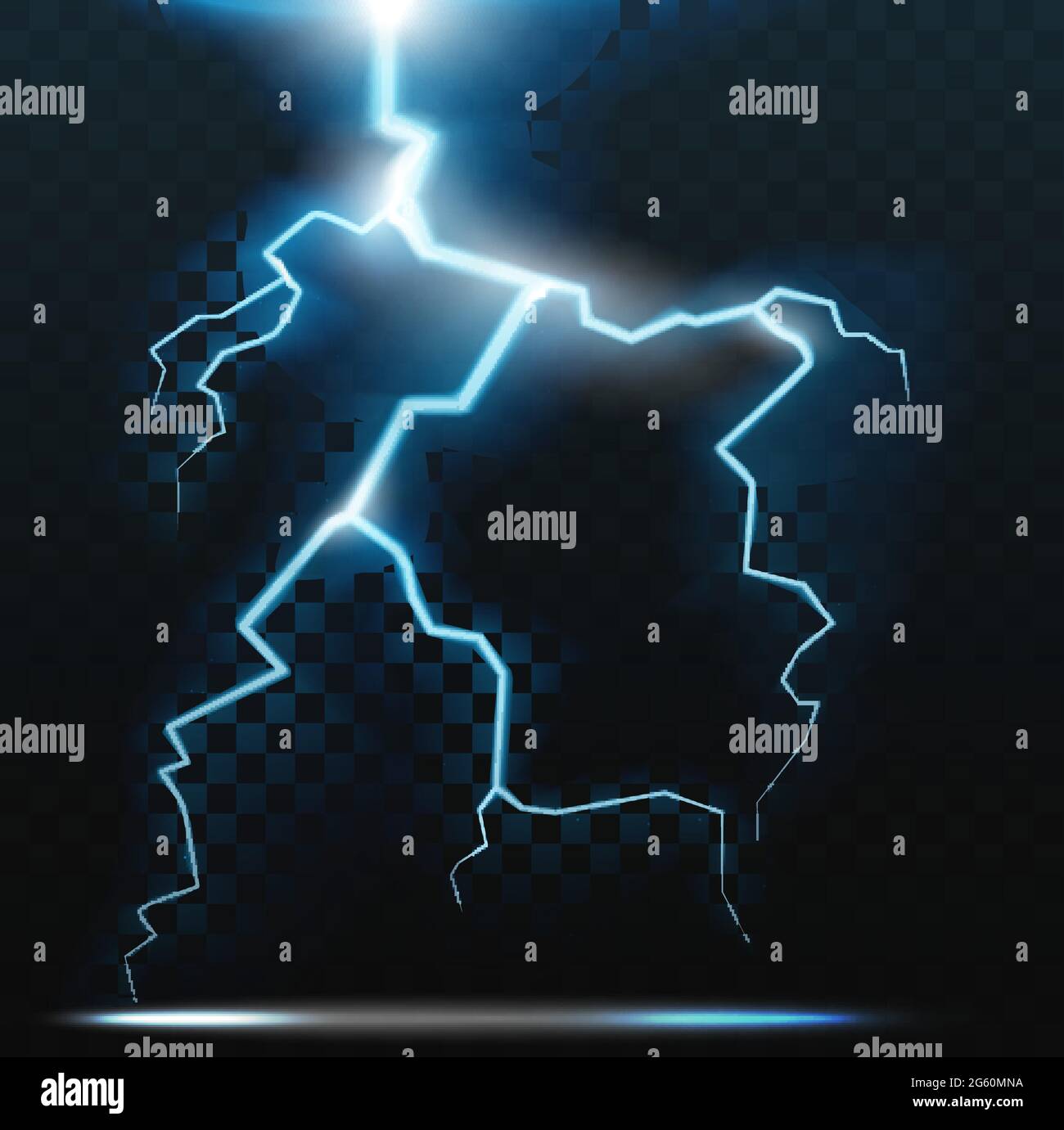 Thunder Bolt fulmine, realistico tuono elettricità flash vettore illustrazione. Blu elettrico luminoso effetto luminoso pericolo luce, astratti raggi di scossa al neon di notte tempestoso cielo scuro sfondo Illustrazione Vettoriale