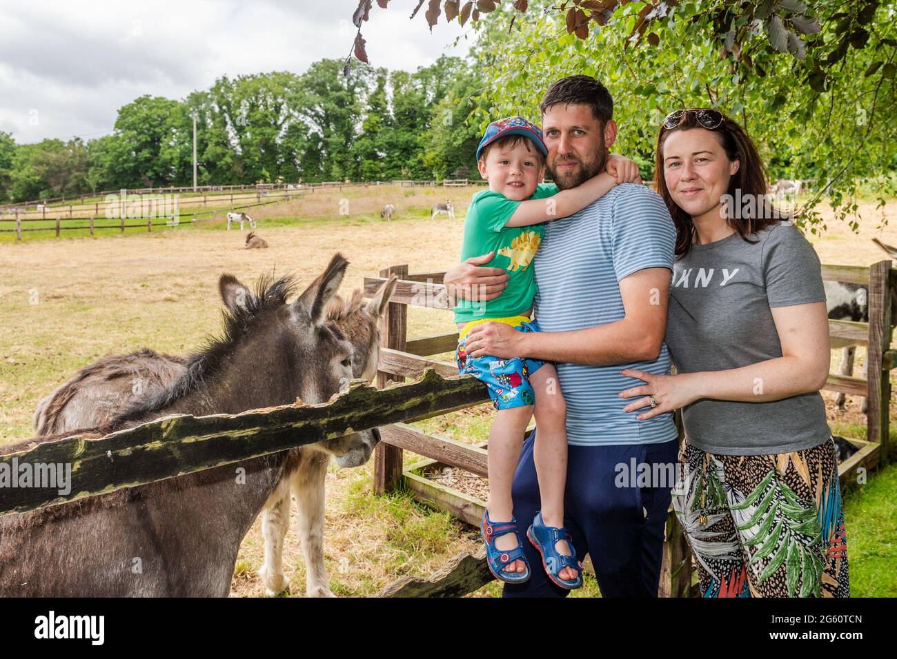 Liscarroll, Co. Cork, Irlanda. 1 luglio 2021. Il Santuario dell'asino a Liscarroll ha riaperto oggi dopo essere stato chiuso al pubblico dal marzo 2020. Il santuario era completamente prenotato ai visitatori che si sono divertiti a stare con gli asini. Godendo il pomeriggio al Santuario dell'asino sono Joshua, Patrick e Marvonne Byrne da Carlow. Credit: AG News/Alamy Live News Foto Stock