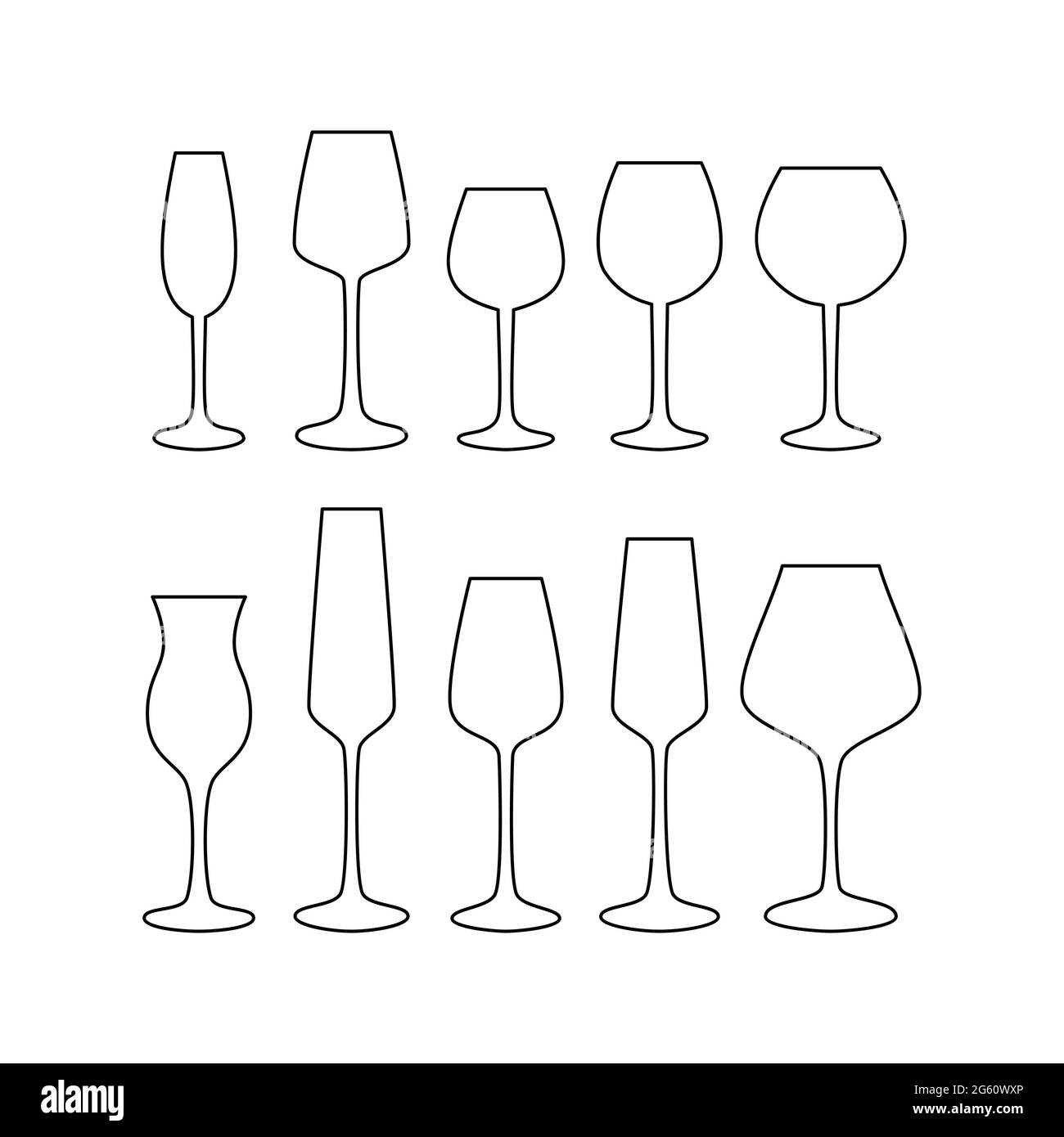 Set vettoriale di bicchieri da vino di diverse forme. Collezione di occhiali da collezione line art Illustrazione Vettoriale