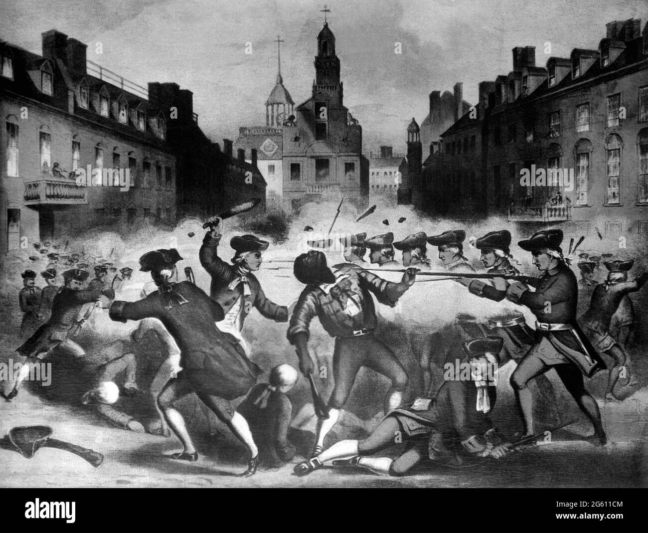 BOSTON, MASSACHUSETTS, USA - 05 Marzo 1770 - Illustrazione del massacro di Boston, 5 Marzo 1770. Copia della cromolitografia di John Bufford After Willia Foto Stock