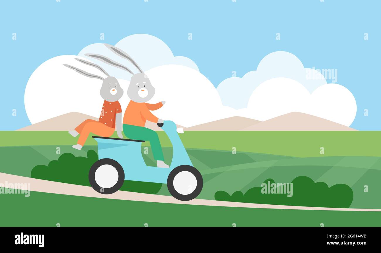 Conigli Bunny cavalcare scooter in estate verde paesaggio rurale illustrazione vettoriale. Cartoon simpatico simpatico coniglio divertente animale personaggi viaggiare insieme, guida ciclomotore sulla strada del villaggio, creativo bambini sfondo Illustrazione Vettoriale