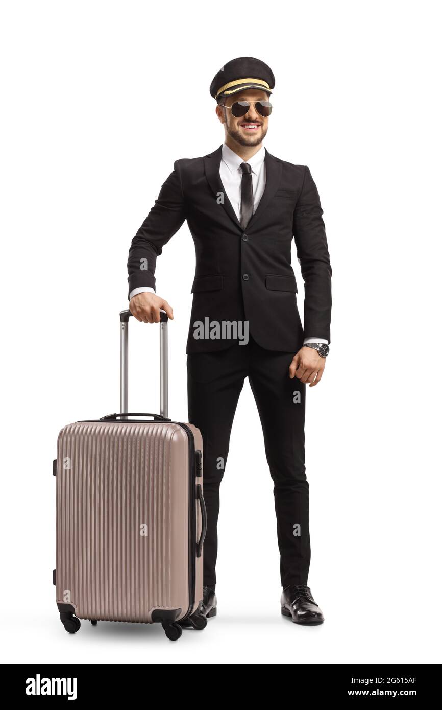 Ritratto a lunghezza intera di un uomo in tuta e cravatta con occhiali da  sole e un cappuccio con una valigia isolata su sfondo bianco Foto stock -  Alamy