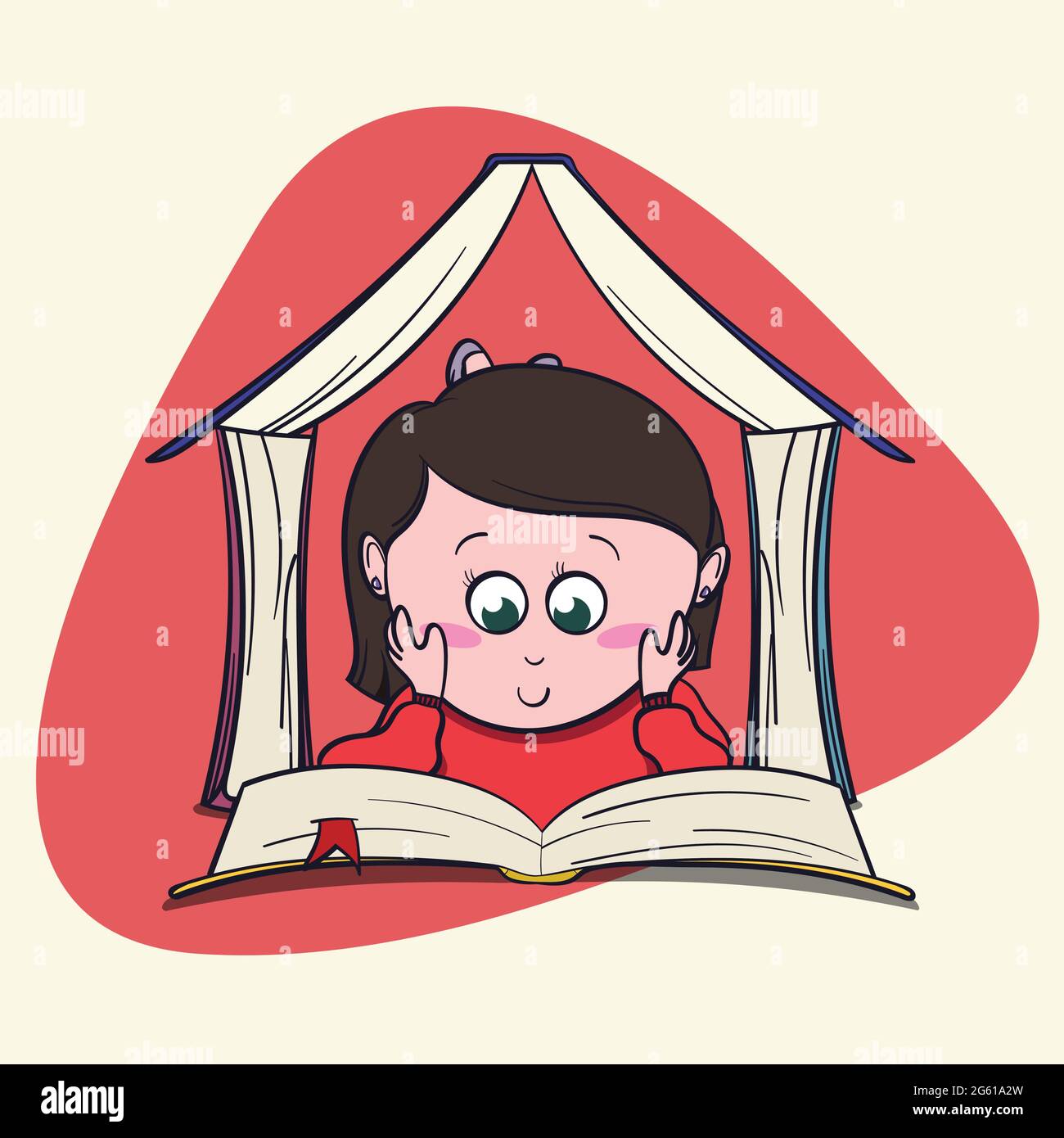 L'amante carino del libro della bambina ama leggere i libri grandi e i romanzi. Illustrazione Bibliophile stile Cartoon per romanzi grafici. Illustrazione Vettoriale