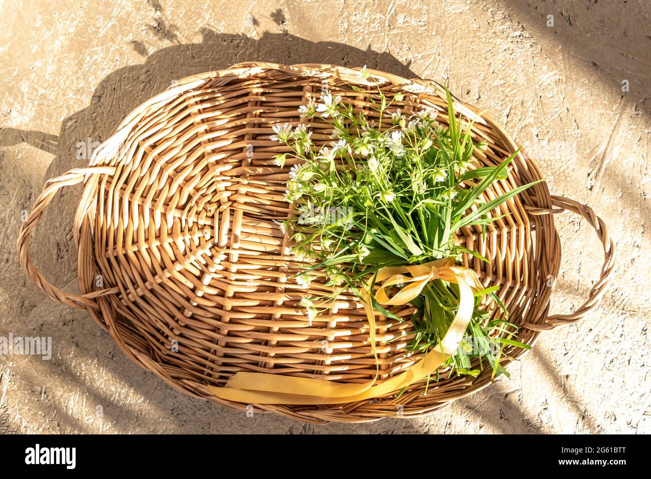 Vassoio in vimini con bouquet di fiori di vento su tavolo beige Foto Stock