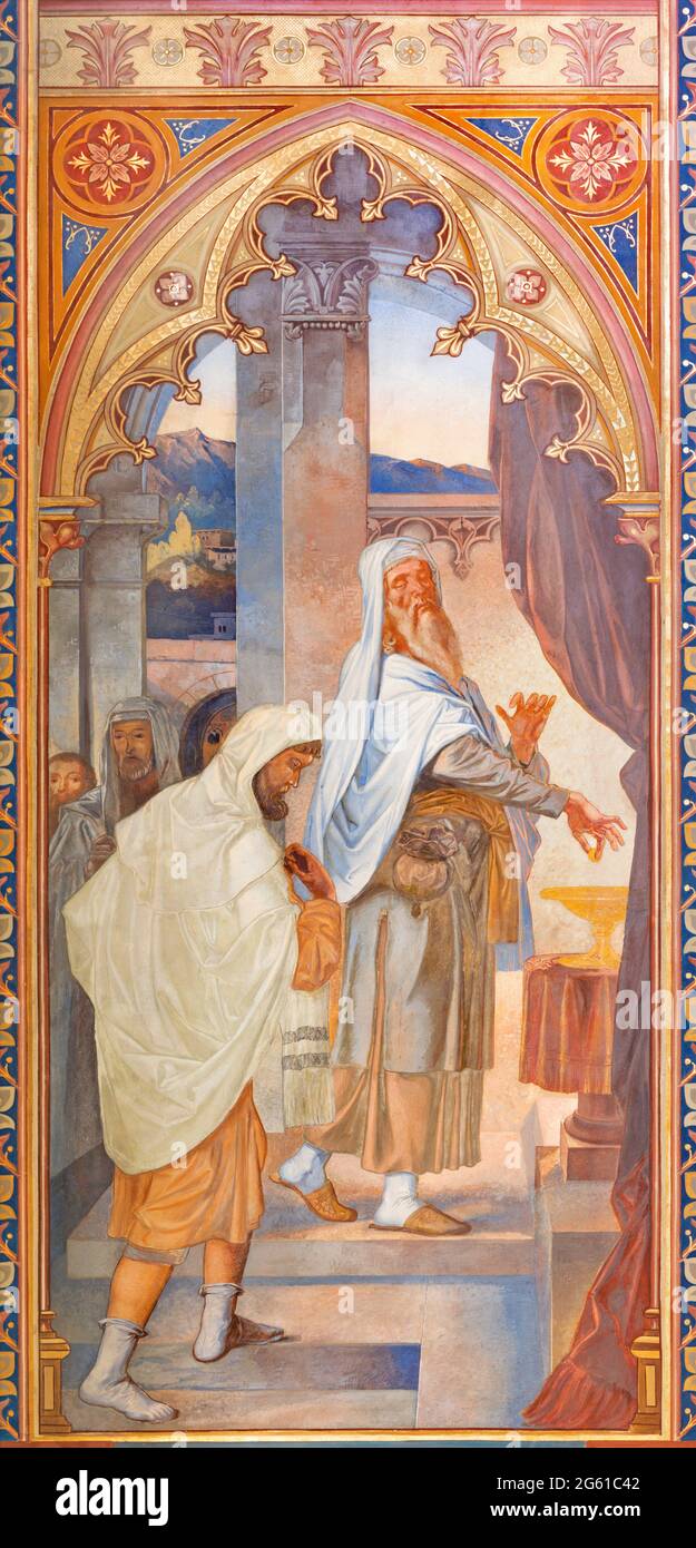 VIENNA, AUSTIRA - JUNI 24, 2021:l'affresco della parabola del fariseo e del fisco nella chiesa di Votivkirche dei fratelli Carl e Franz Jobst Foto Stock