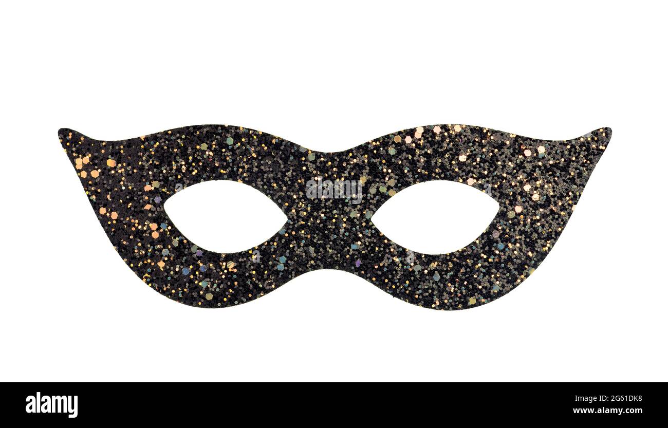Vista frontale della maschera mascherata nera e dorata con glitter isolata su bianco Foto Stock