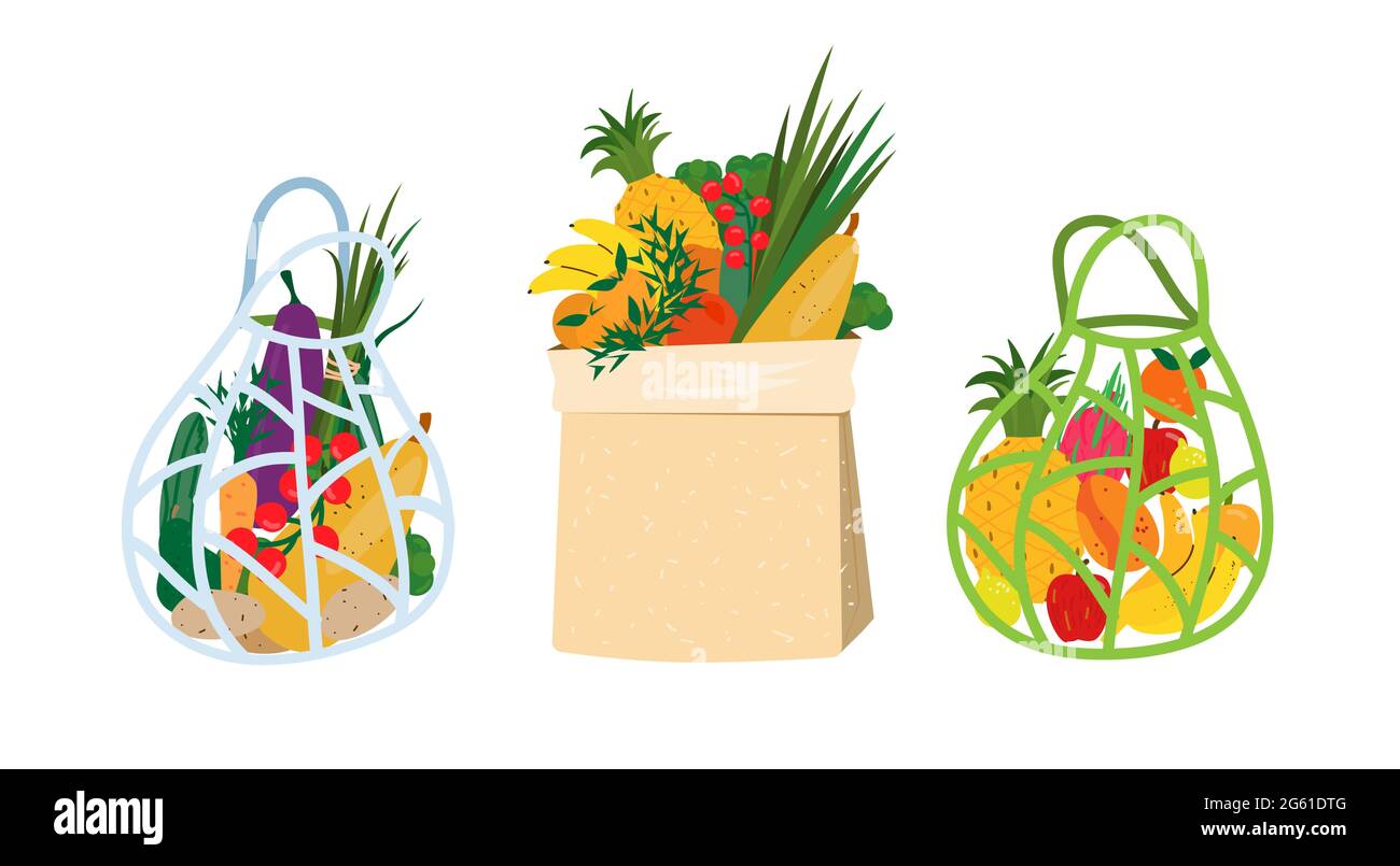 Sacchetti ecologici riutilizzabili per alimentari con verdure e frutta. Zero sprechi e nessun concetto di plastica. Shopping carta di stoffa riutilizzabile e sacchetti di papà in una f Illustrazione Vettoriale
