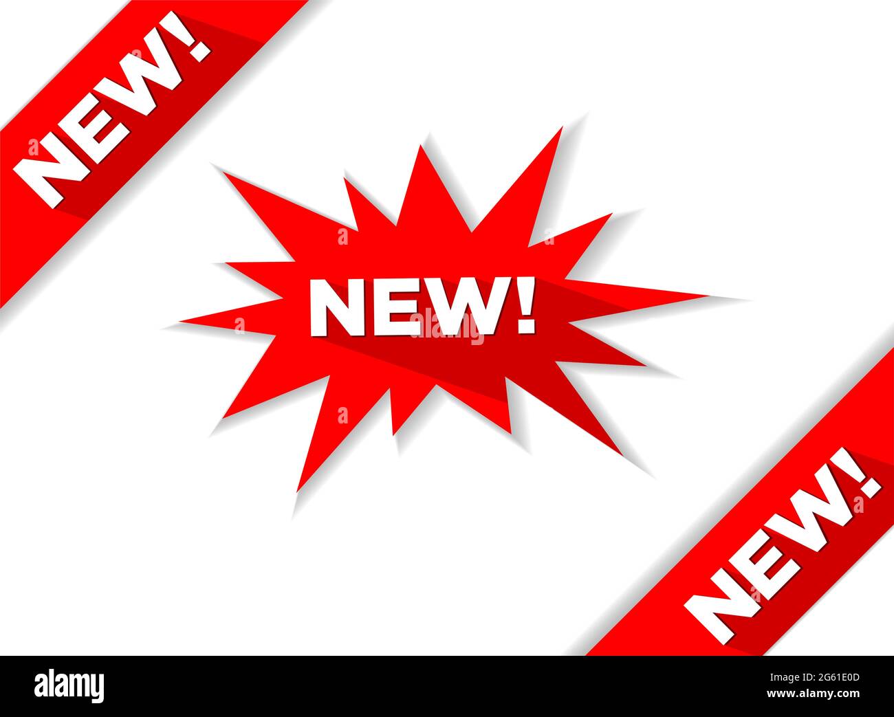 Adesivi Ñorner ed esplosivi per le etichette dei nuovi prodotti del negozio di arrivo. Burst bubble speech con ombra su sfondo trasparente Illustrazione Vettoriale