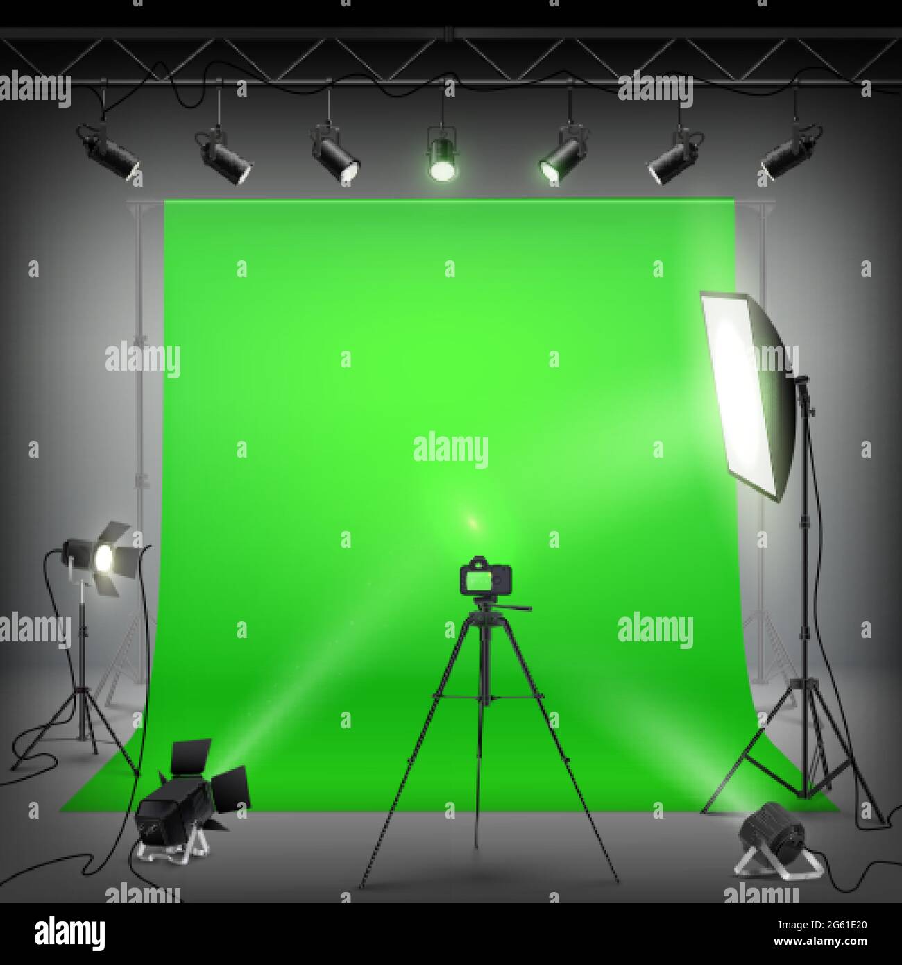 Sfondo verde per la fotografia. Interni professionali di studio fotografico  con attrezzature professionali Immagine e Vettoriale - Alamy