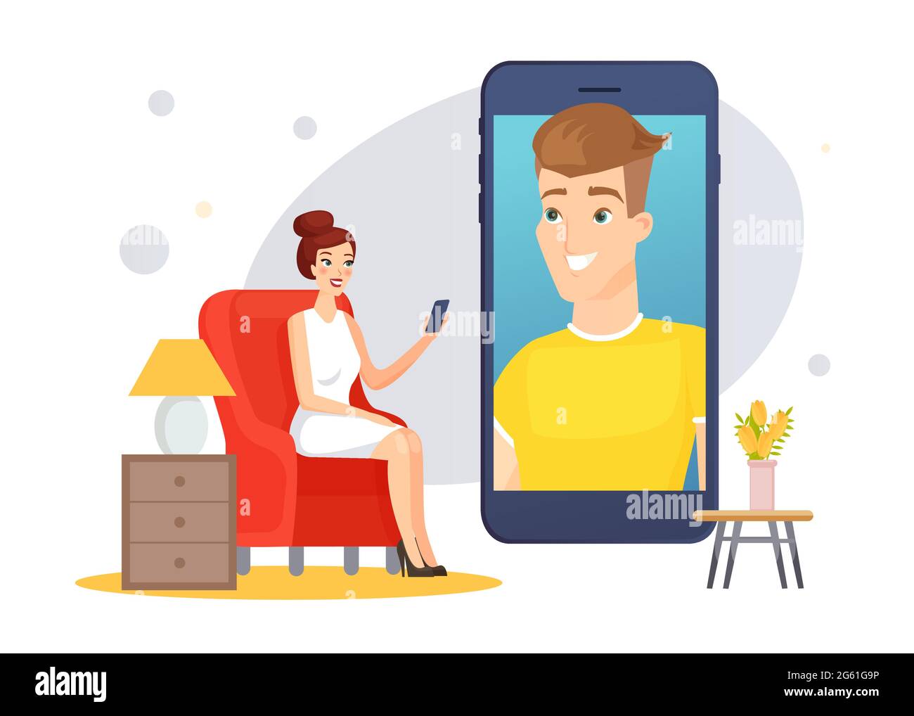 Video chat comunicazione, felice donna che chiacchiera con l'uomo online in conversazione virtuale Illustrazione Vettoriale