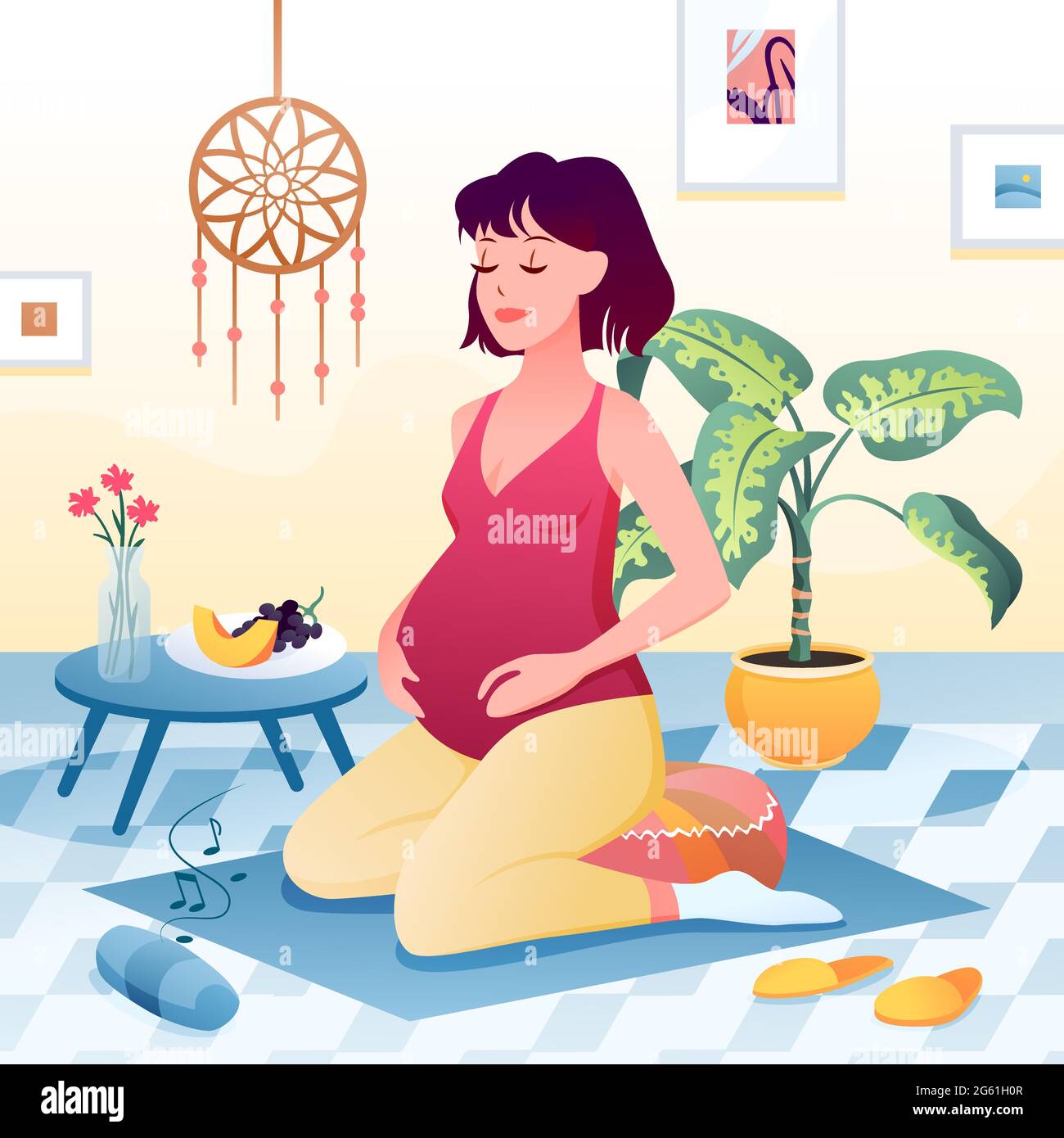 Buona attività di gravidanza a casa, giovane personaggio yoga incinta facendo esercizi di yoga Illustrazione Vettoriale