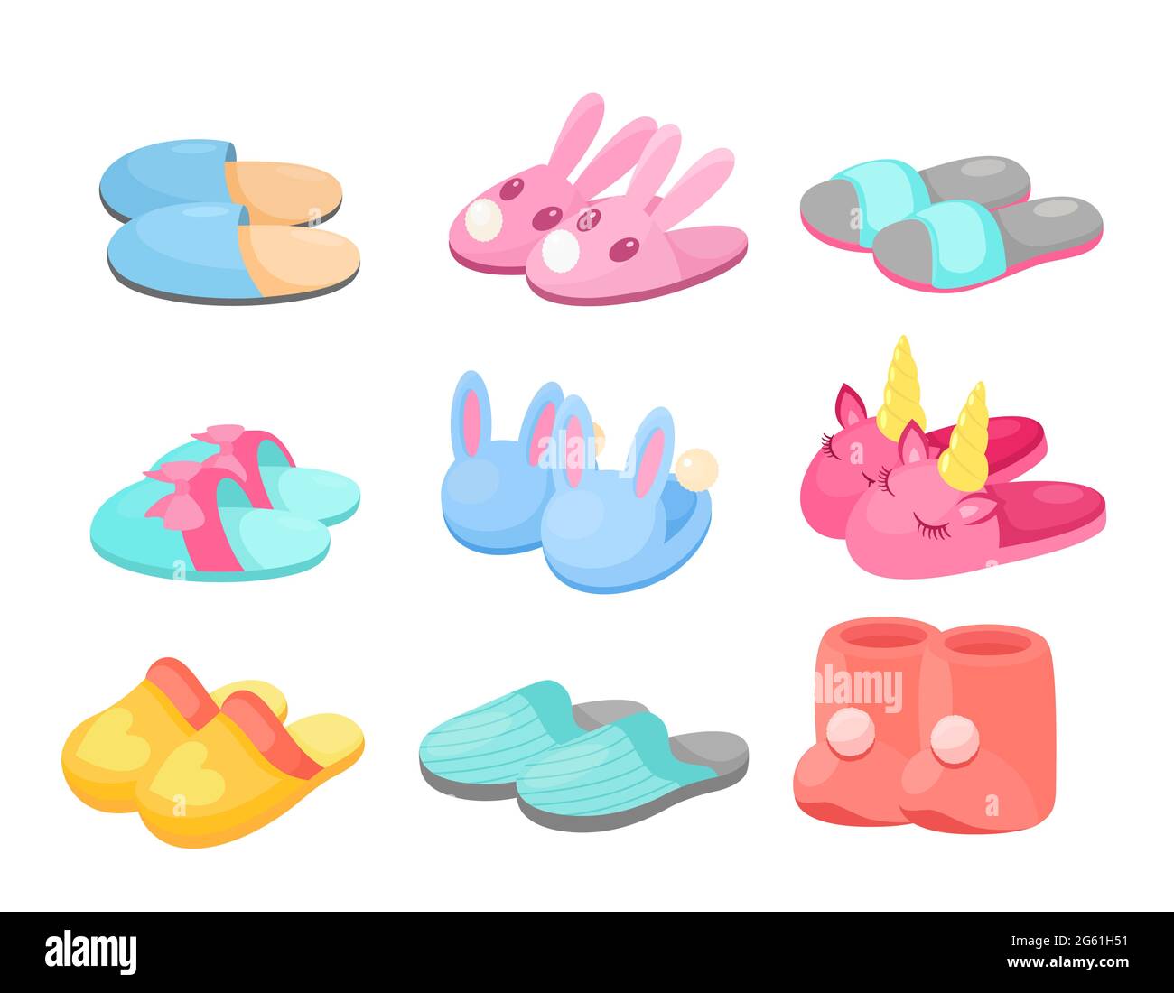 Pantofole vettoriale illustrazione set, Cartoon flat casa calzature collezione in diversi colori, comode scarpe slitte con divertente capo animale, prua Illustrazione Vettoriale