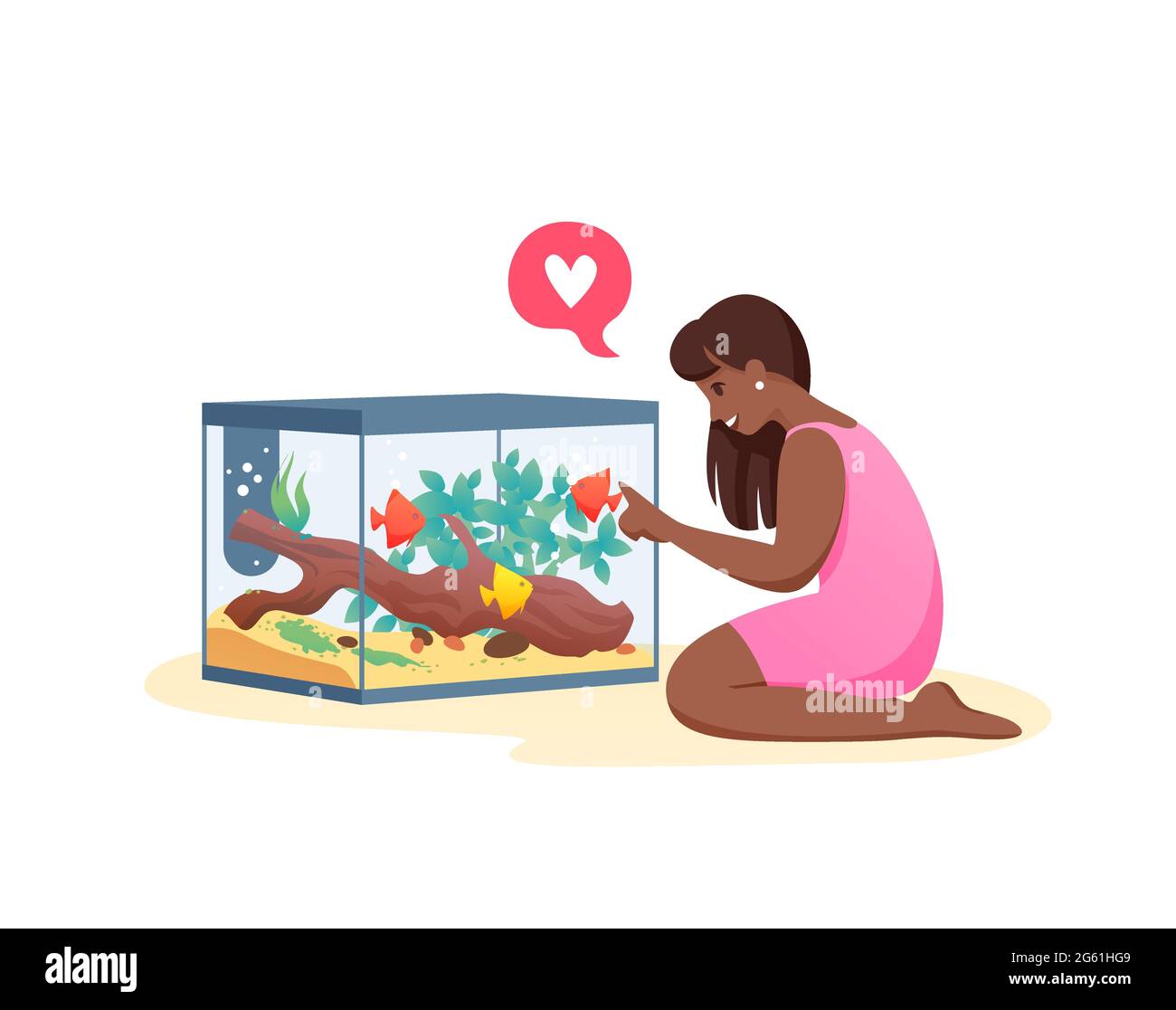 Illustrazione vettoriale di giovane donna sta comunicando con pesci, migliori amici dell'animale domestico. La ragazza ama i pesci, prendersi cura dell'acquario. Illustrazione Vettoriale