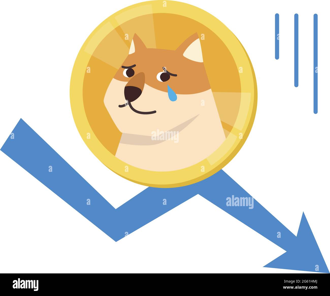 Criptovaluta Dogecoin sullo sfondo del grafico a caduta senza linee principali. Illustrazione vettoriale isolata su sfondo bianco. Illustrazione Vettoriale