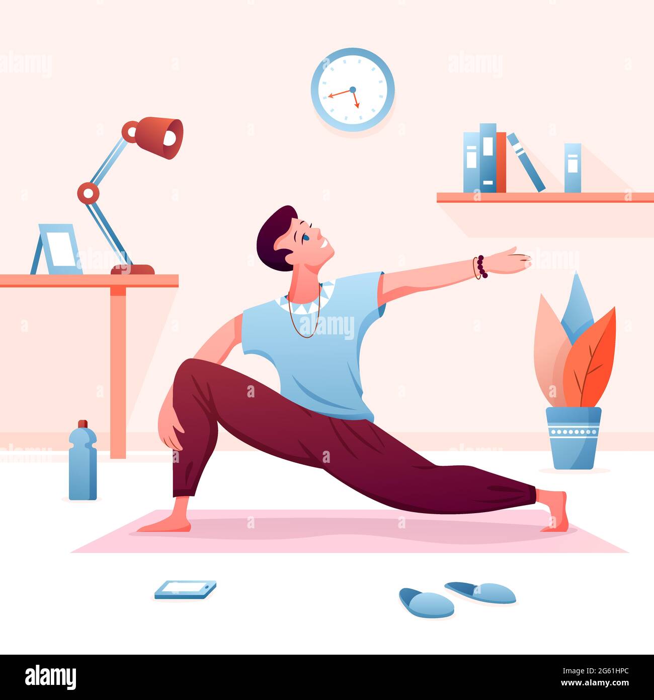 Home yoga piatto illustrazione vettoriale, cartone animato giovane uomo che pratica calma yogi asana, pratica attiva di stile di vita sano sfondo Illustrazione Vettoriale