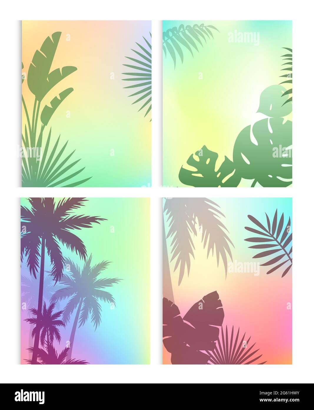 Sfondo con foglie estive set di illustrazione vettoriale, cartoon sagome piatte di verde foglia di palme da cocco, pianta di natura tropicale, esotica Illustrazione Vettoriale