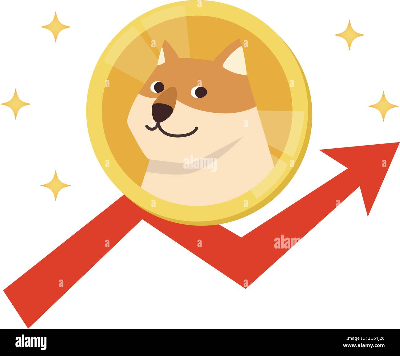 Criptovaluta Dogecoin sullo sfondo del grafico ascendente senza linee principali. Illustrazione vettoriale isolata su sfondo bianco. Illustrazione Vettoriale