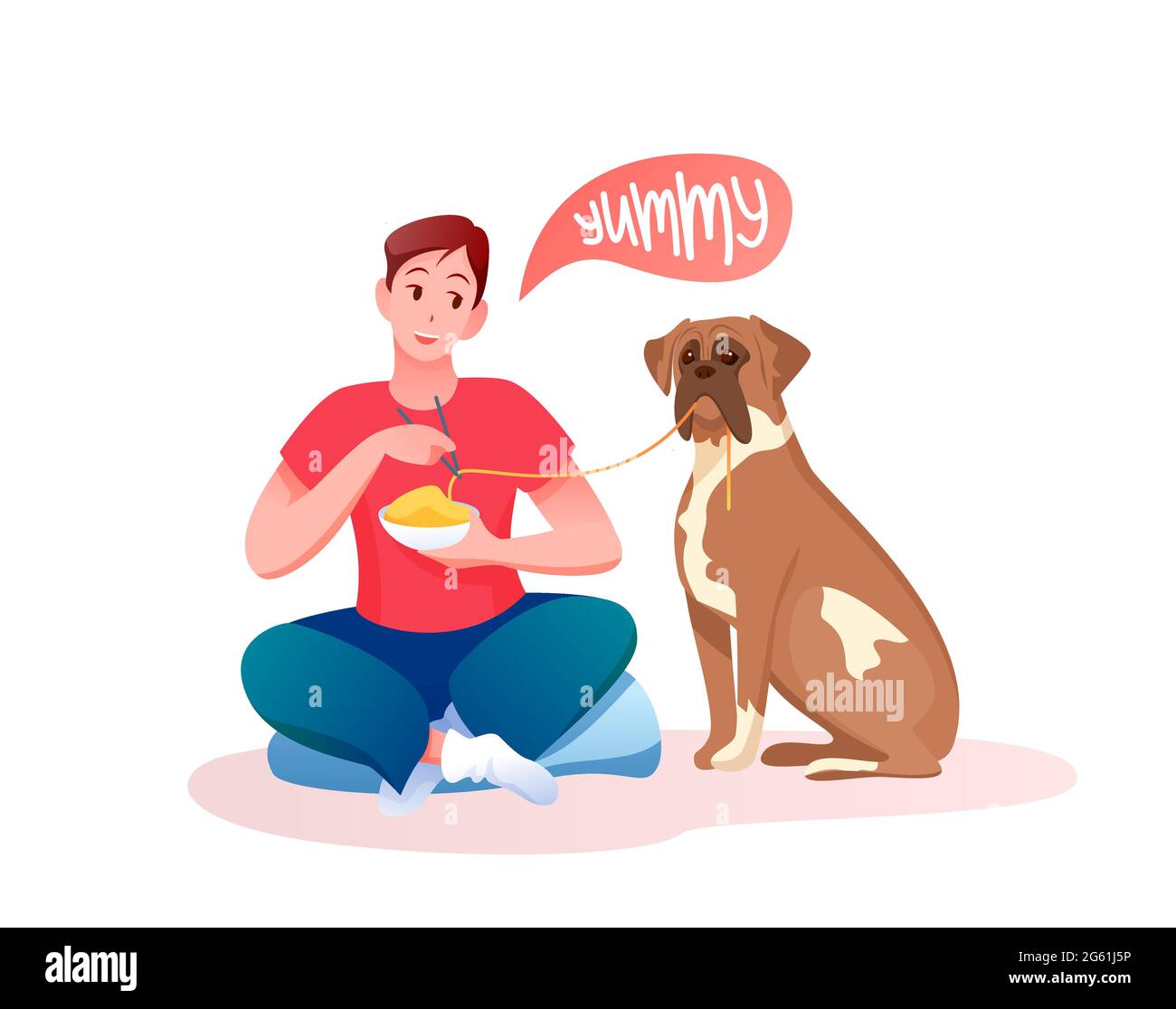 Uomo che dà cibo preferito a san bernardo cane, alimentazione animale domestico Illustrazione Vettoriale