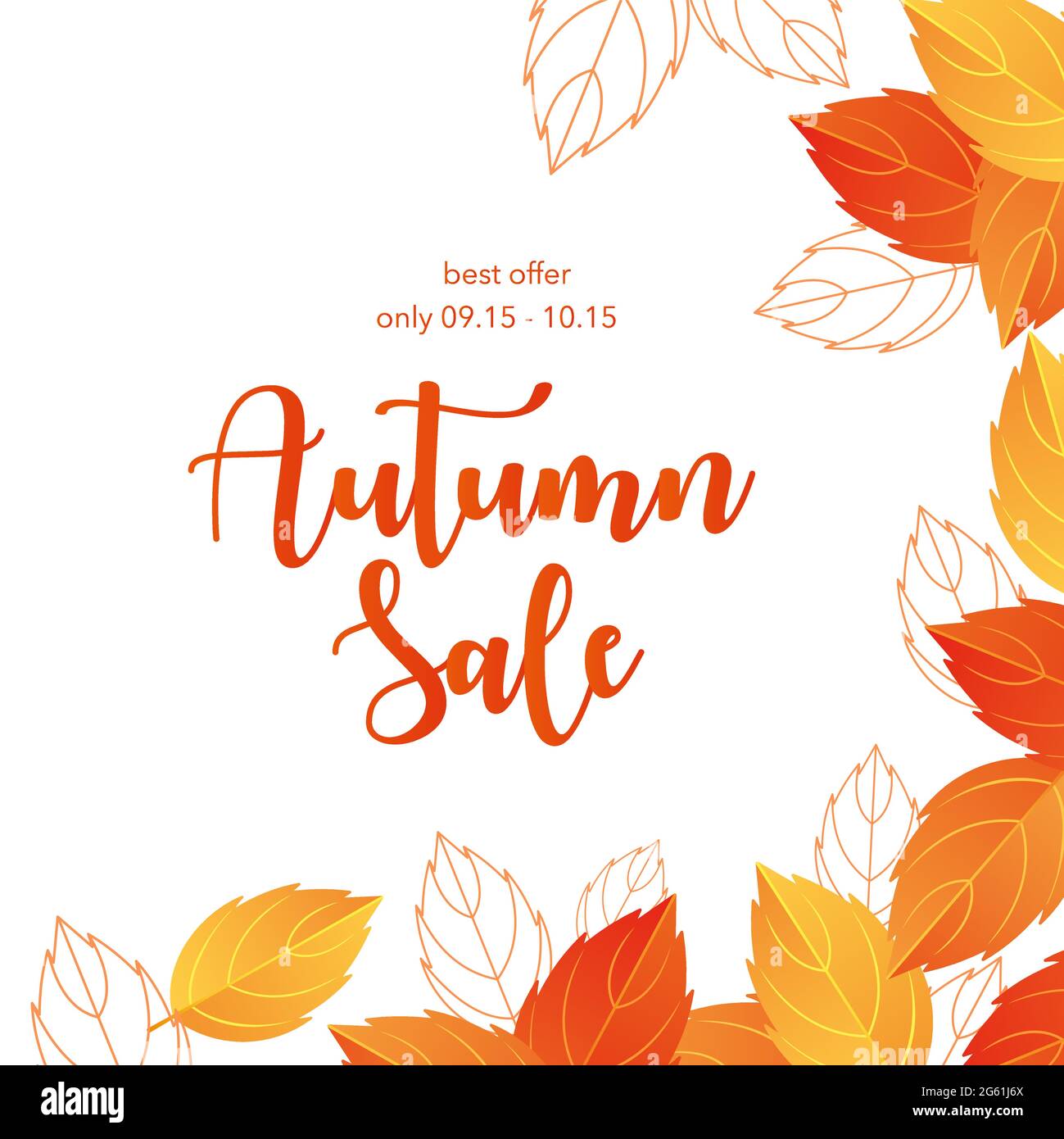 Autunnale vendita lettering illustrazione vettoriale, cartoon piano autunnale giallo arancio secco foglie telaio promo poster con offerta speciale, shopping Illustrazione Vettoriale