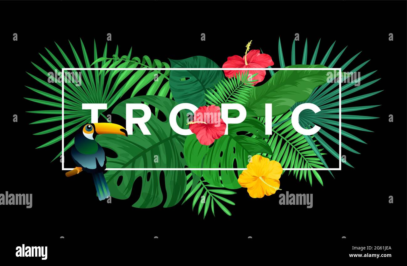 Illustrazione vettoriale di dima per stampa tropicale con foglie e fiori luminosi, sfondo bouquet estivo, composizione floreale con testo. Illustrazione Vettoriale
